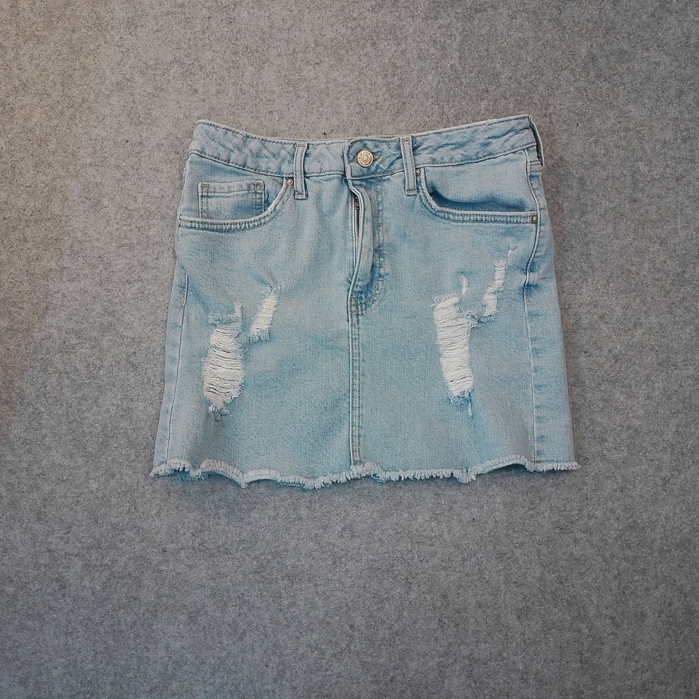Forever 21 Distressed Denim Mini Skirt Light Wash Frayed Hem Size 26